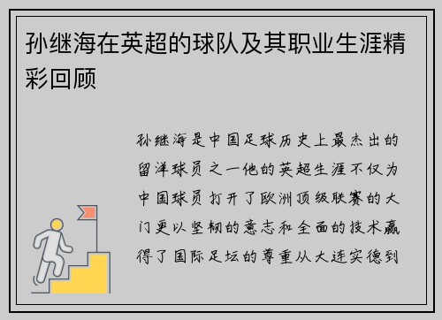 孙继海在英超的球队及其职业生涯精彩回顾